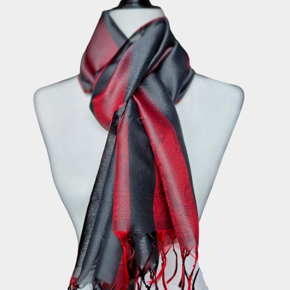 2/$30 Long scarf shawl grey and red with fringe unisex 70" X 22"